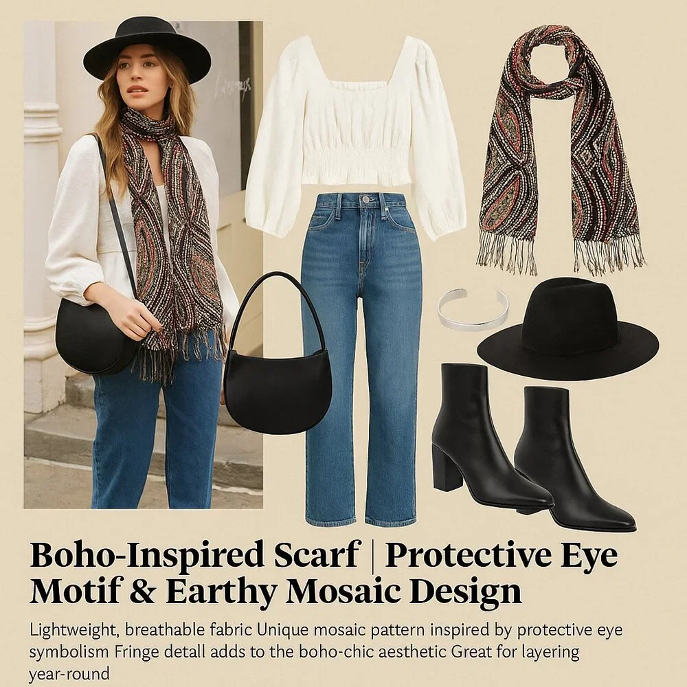 Boho Luxe Scarf | Protective Eye Motif & Mosaic Design